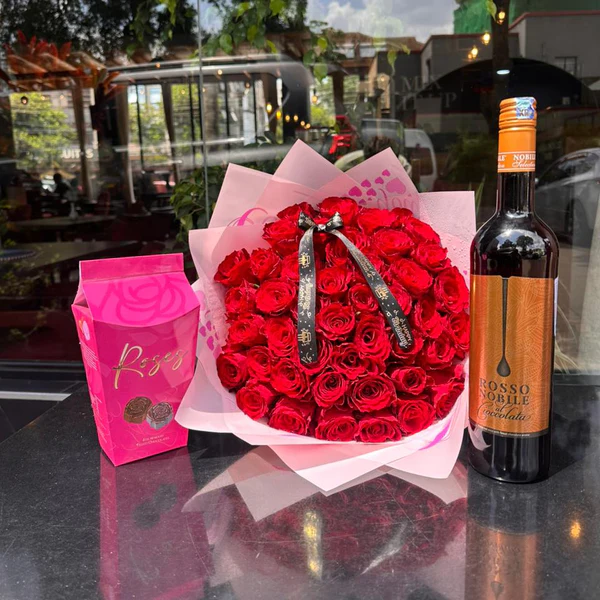 Red Rose Bouquet, Premium Chocolate Basket & any Whiskey