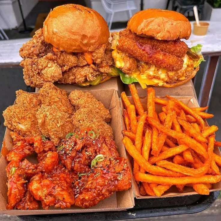 The Ultimate Crispy Chicken Feast 🍔🍗🍟 2 Epic Burgers, 8 Fried Chicken Pcs, Large Sweet Potato Fries